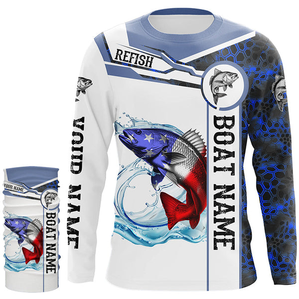 Redfish Fishing blue camo American Flag Custom name & boat name performance Long Sleeve Fishing Shirts NQS5191