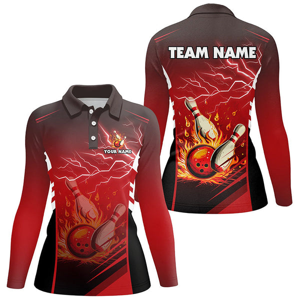 Flame bowling ball and pins lightning custom Women Bowling Polo Shirts, team bowling jerseys | Red NQS7445