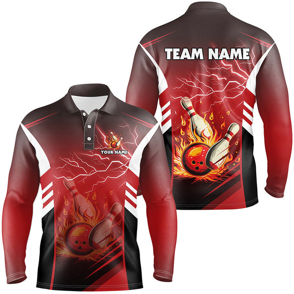 Flame bowling ball and pins lightning custom Men Bowling Polo Shirts, team bowling jerseys | Red NQS7445