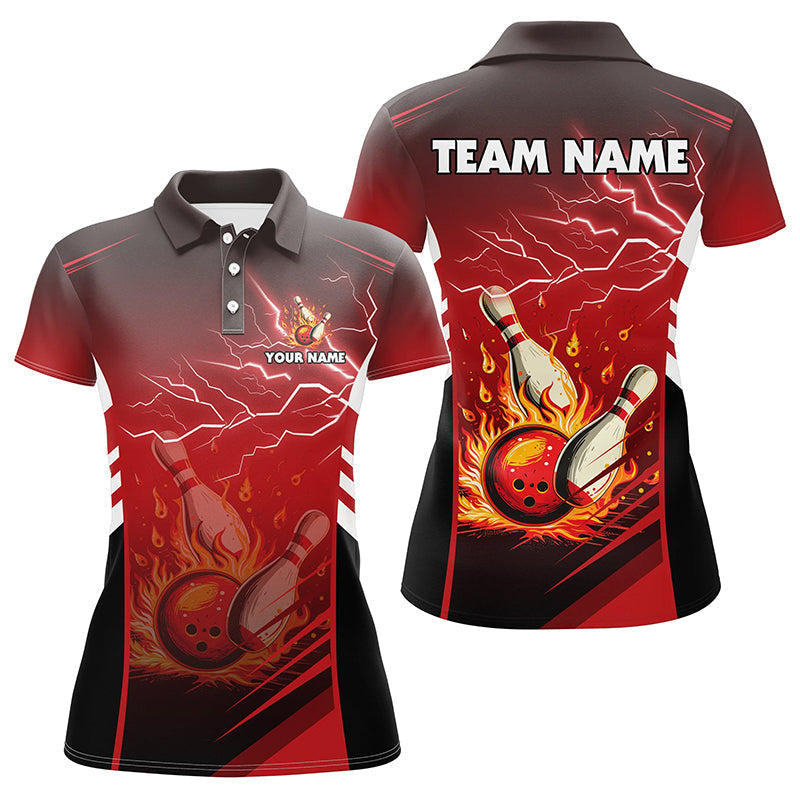 Flame bowling ball and pins lightning custom Women Bowling Polo Shirts, team bowling jerseys | Red NQS7445