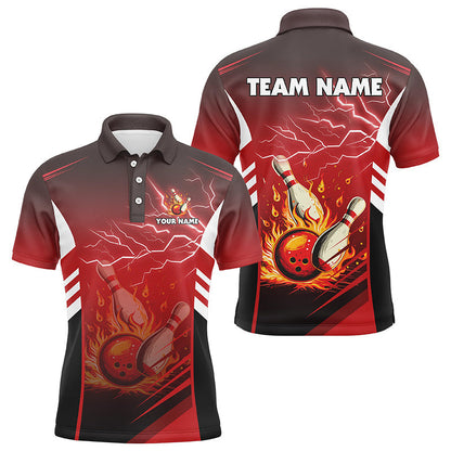 Flame bowling ball and pins lightning custom Men Bowling Polo Shirts, team bowling jerseys | Red NQS7445