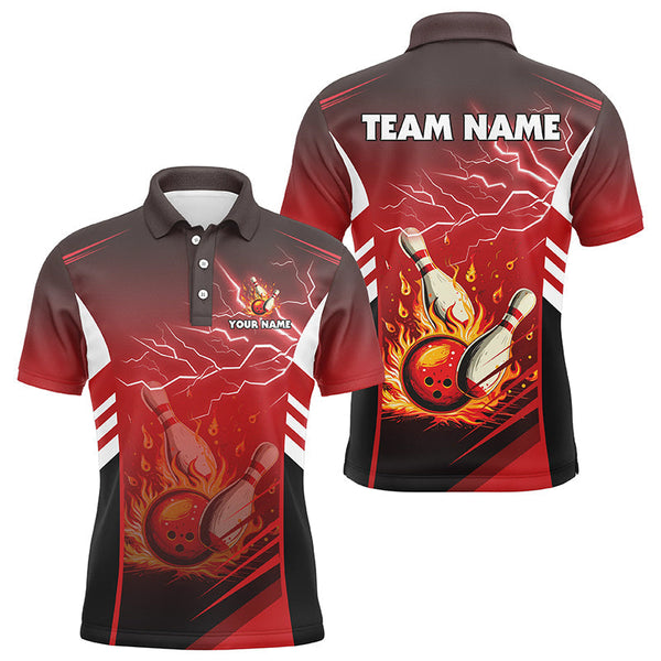 Flame bowling ball and pins lightning custom Men Bowling Polo Shirts, team bowling jerseys | Red NQS7445