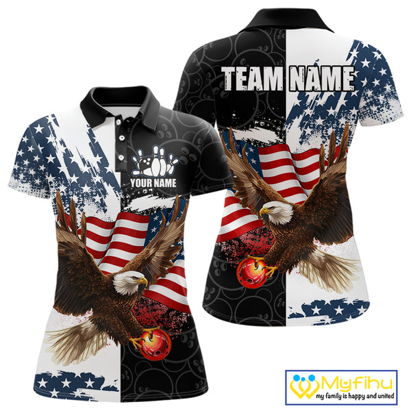 American Flag Eagle Bowling Shirts For Women Custom Patriotic Black Camo Bowling Team Jerseys NQS9863