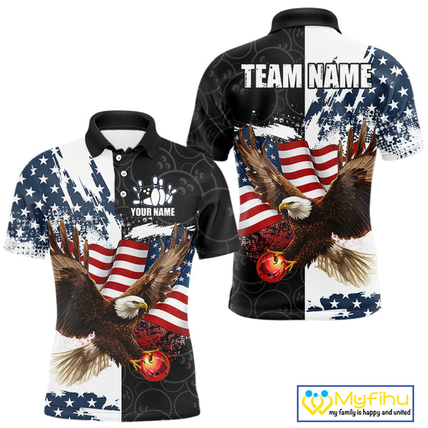 Red, White, Blue American Flag Eagle Men Bowling Shirt Custom Patriotic Black Camo Bowling Team Jersey NQS9863
