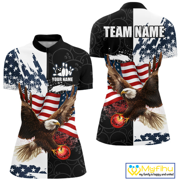 American Flag Eagle Bowling Shirts For Women Custom Patriotic Black Camo Bowling Team Jerseys NQS9863