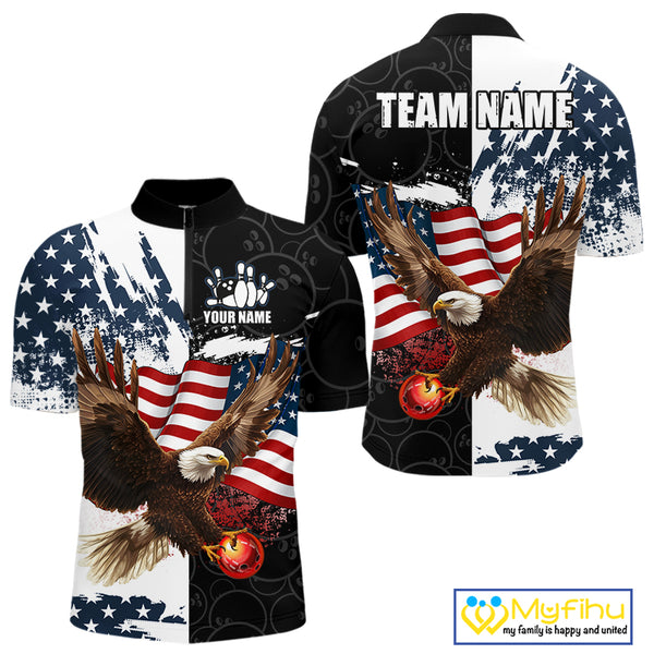 Red, White, Blue American Flag Eagle Men Bowling Shirt Custom Patriotic Black Camo Bowling Team Jersey NQS9863
