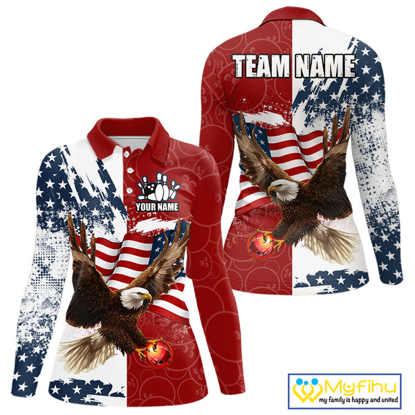 American Flag Eagle Bowling Shirts For Women Custom Patriotic Red Camo Bowling Team Jerseys NQS9864