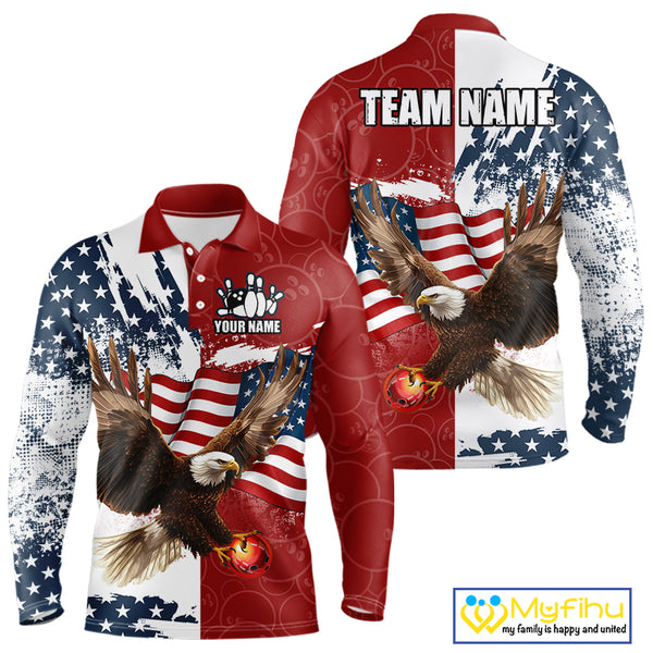Red, White, Blue American Flag Eagle Men Bowling Shirt Custom Patriotic Red Camo Bowling Team Jersey NQS9864