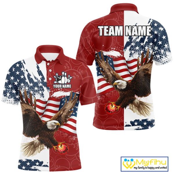 Red, White, Blue American Flag Eagle Men Bowling Shirt Custom Patriotic Red Camo Bowling Team Jersey NQS9864