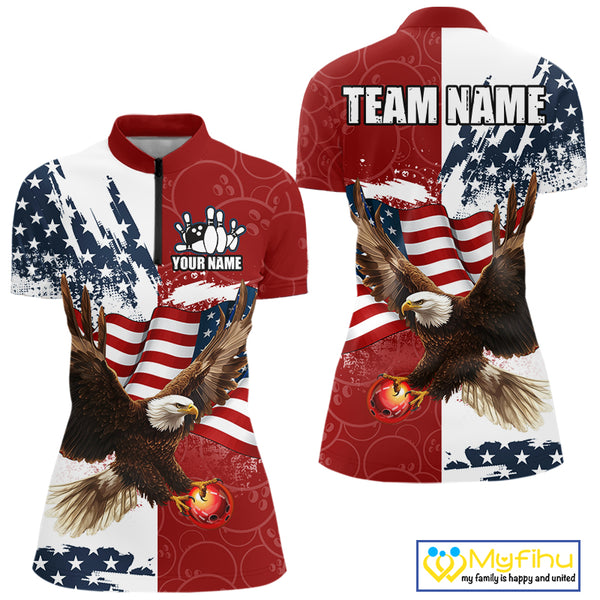 American Flag Eagle Bowling Shirts For Women Custom Patriotic Red Camo Bowling Team Jerseys NQS9864