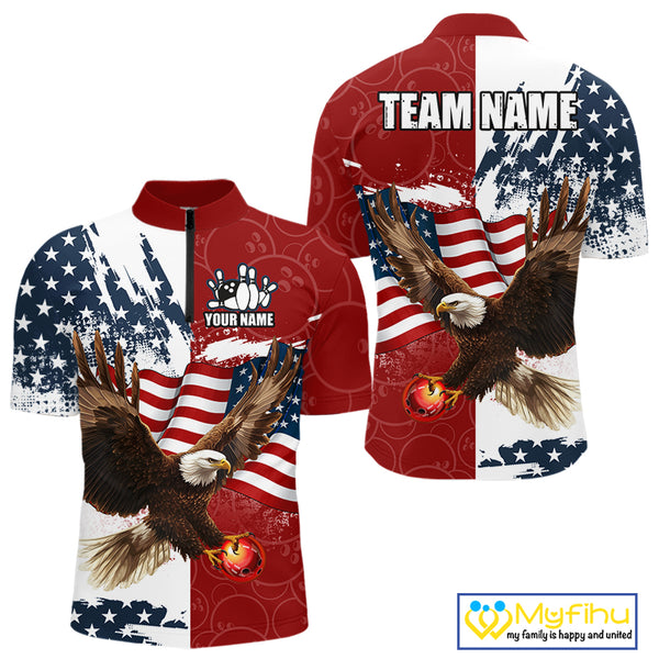 Red, White, Blue American Flag Eagle Men Bowling Shirt Custom Patriotic Red Camo Bowling Team Jersey NQS9864