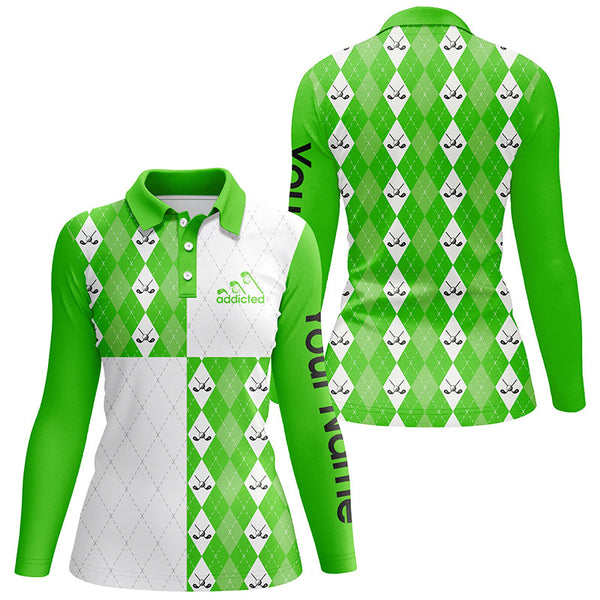 Golf addicted Womens golf polo shirts custom name green and white golf ball clubs argyle plaid pattern NQS5438