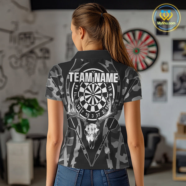Deer Skull Darts Board Gray Camo Darts Polo, Quarter zip Shirts For Women Custom Team Darts Jersey NQS9934