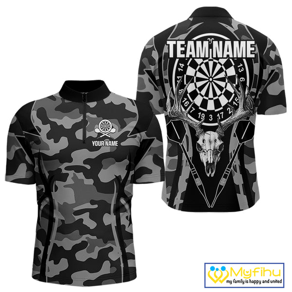 Deer Skull Darts Board Gray Camo Darts Polo, Quarter zip Shirts For Men Custom Team Darts Jersey NQS9934