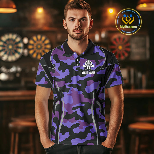 Deer Skull Darts Board Purple Camo Darts Polo, Quarter zip Shirts For Men Custom Team Darts Jersey NQS9935