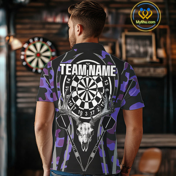 Deer Skull Darts Board Purple Camo Darts Polo, Quarter zip Shirts For Men Custom Team Darts Jersey NQS9935