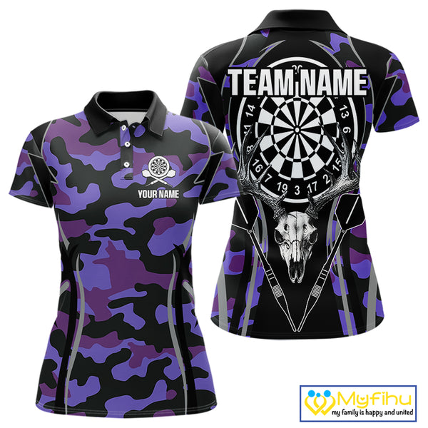 Deer Skull Darts Board Purple Camo Darts Polo, Quarter zip Shirts For Women Custom Team Darts Jersey NQS9935