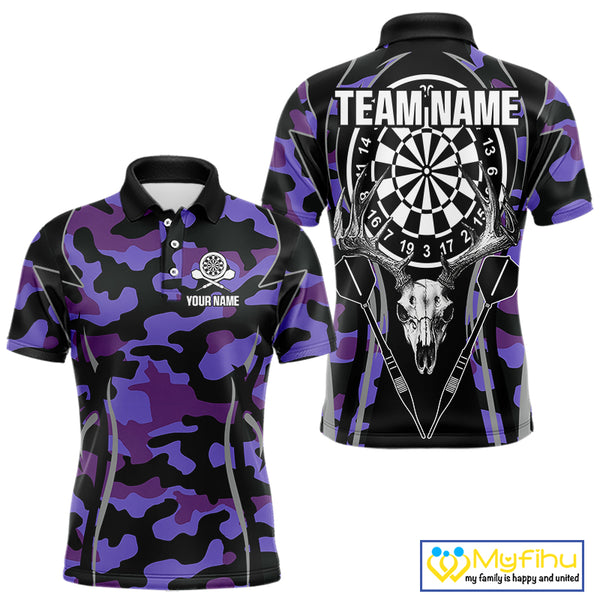 Deer Skull Darts Board Purple Camo Darts Polo, Quarter zip Shirts For Men Custom Team Darts Jersey NQS9935