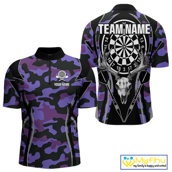 Deer Skull Darts Board Purple Camo Darts Polo, Quarter zip Shirts For Men Custom Team Darts Jersey NQS9935