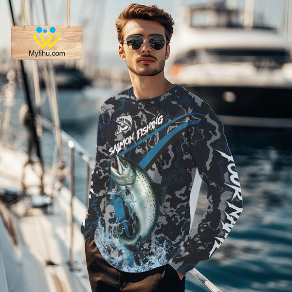 Custom Chinook Salmon Fishing Camo Long Sleeve Fishing Shirts, Personalized Salmon Fishing Team Jersey NQS9939