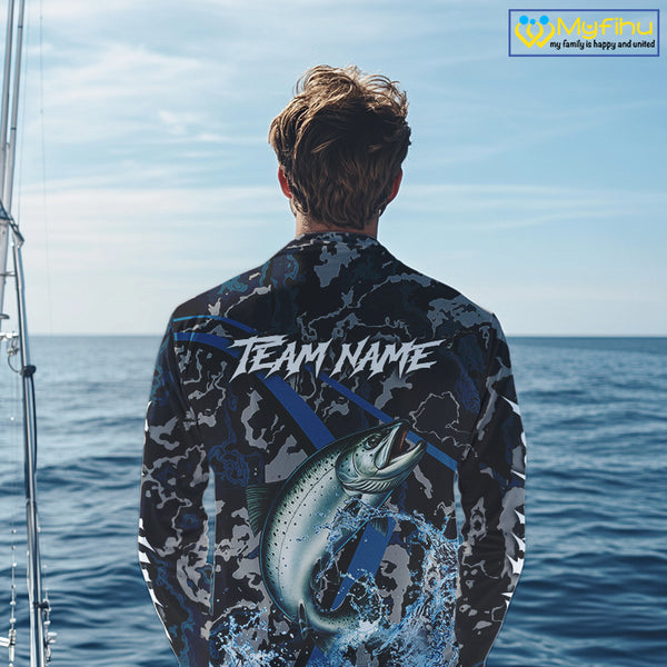 Custom Chinook Salmon Fishing Camo Long Sleeve Fishing Shirts, Personalized Salmon Fishing Team Jersey NQS9939