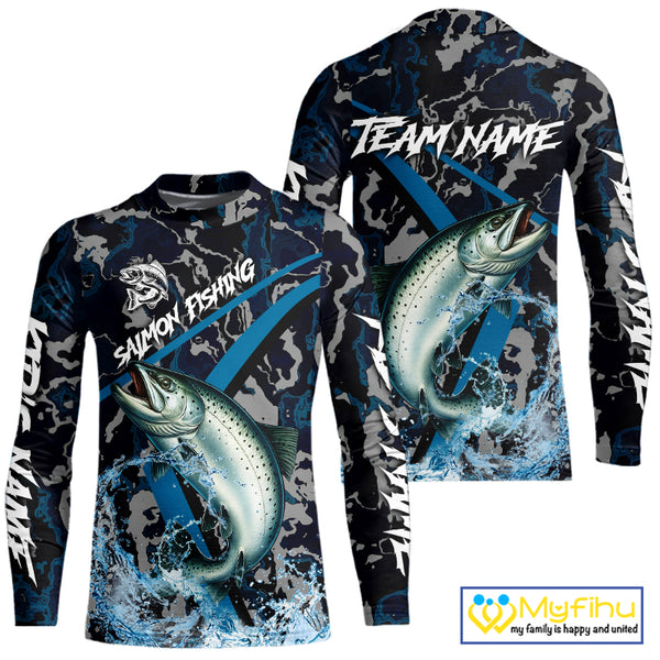 Custom Chinook Salmon Fishing Camo Long Sleeve Fishing Shirts, Personalized Salmon Fishing Team Jersey NQS9939