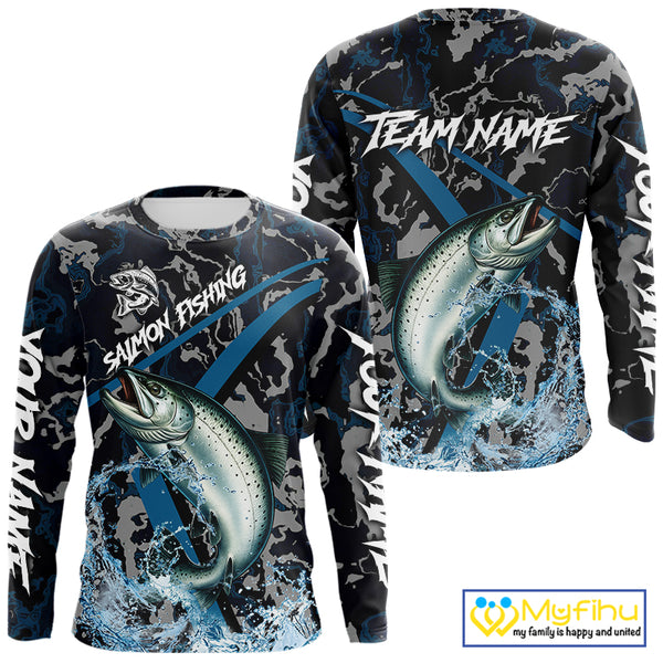 Custom Chinook Salmon Fishing Camo Long Sleeve Fishing Shirts, Personalized Salmon Fishing Team Jersey NQS9939