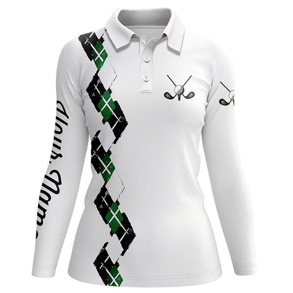 White Womens golf polo shirts custom name green and black plaid, best golf gifts for ladies NQS5686