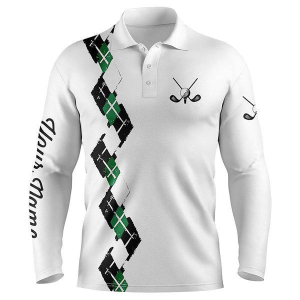 White Mens golf polo shirts custom name green and black plaid, best golf gifts for mens NQS5686