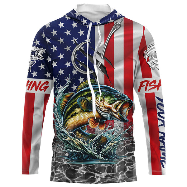 American Flag Bass Fish hook Custom long sleeve performance Fishing Shirts, Bass Fishing jerseys NQS5690