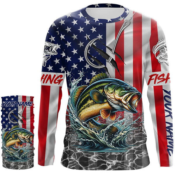 American Flag Bass Fish hook Custom long sleeve performance Fishing Shirts, Bass Fishing jerseys NQS5690