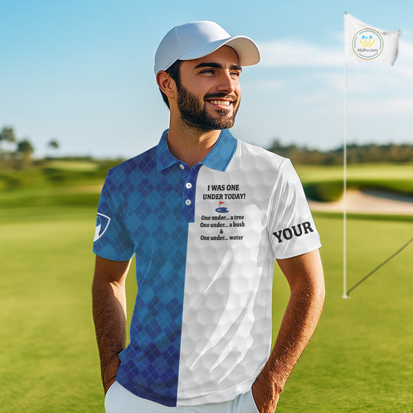 Blue argyle white Men golf polo shirt custom I was one under today one under a tree, a bush and water NQS10090