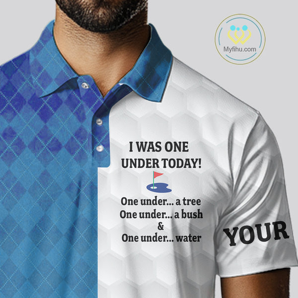 Blue argyle white Men golf polo shirt custom I was one under today one under a tree, a bush and water NQS10090