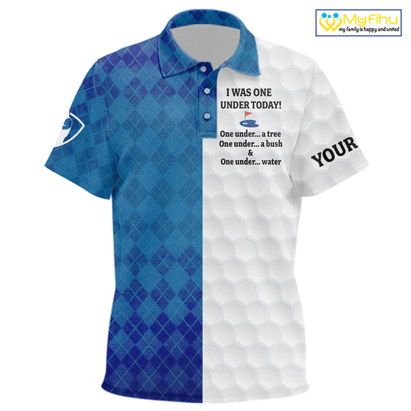 Blue argyle white Kid golf polo shirt custom I was one under today one under a tree, a bush & water NQS10090