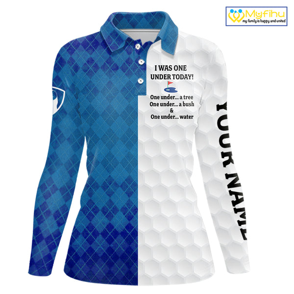 Blue argyle white Women golf polo shirt custom I was one under today one under a tree, a bush & water NQS10090
