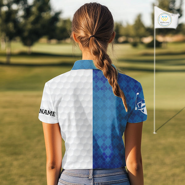 Blue argyle white Women golf polo shirt custom I was one under today one under a tree, a bush & water NQS10090