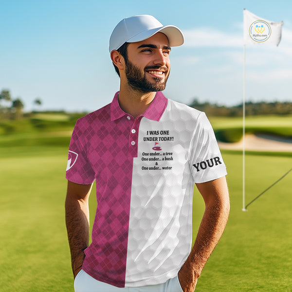 Pink argyle white Men golf polo shirt custom I was one under today one under a tree, a bush and water NQS10091