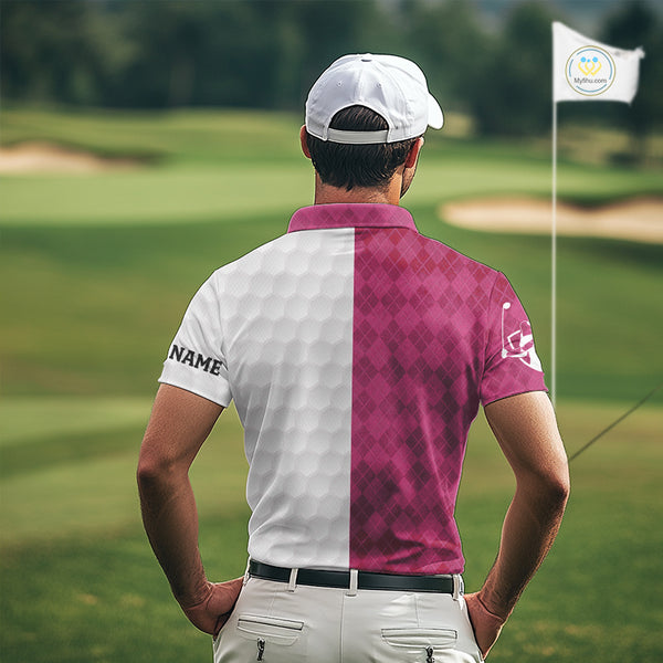 Pink argyle white Men golf polo shirt custom I was one under today one under a tree, a bush and water NQS10091