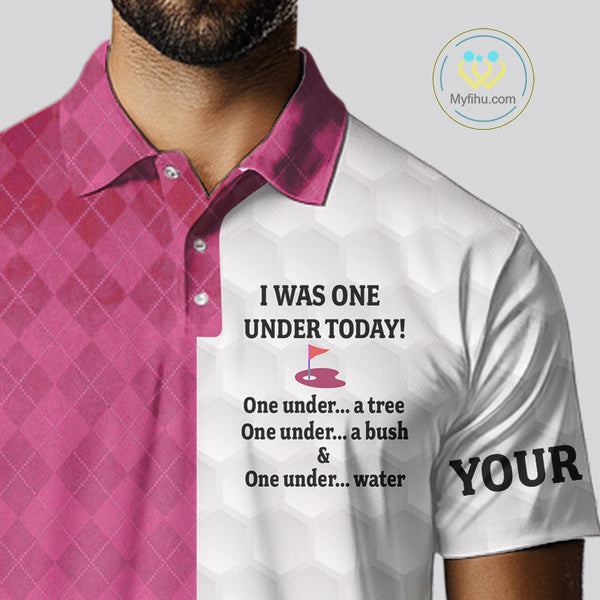 Pink argyle white Men golf polo shirt custom I was one under today one under a tree, a bush and water NQS10091