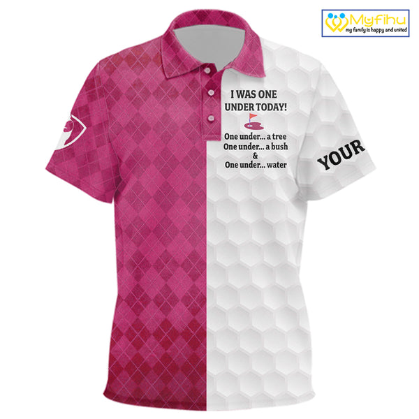 Pink argyle white Kid golf polo shirt custom I was one under today one under a tree, a bush & water NQS10091