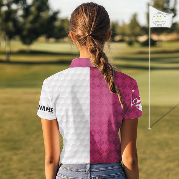 Pink argyle white Women golf polo shirt custom I was one under today one under a tree, a bush & water NQS10091