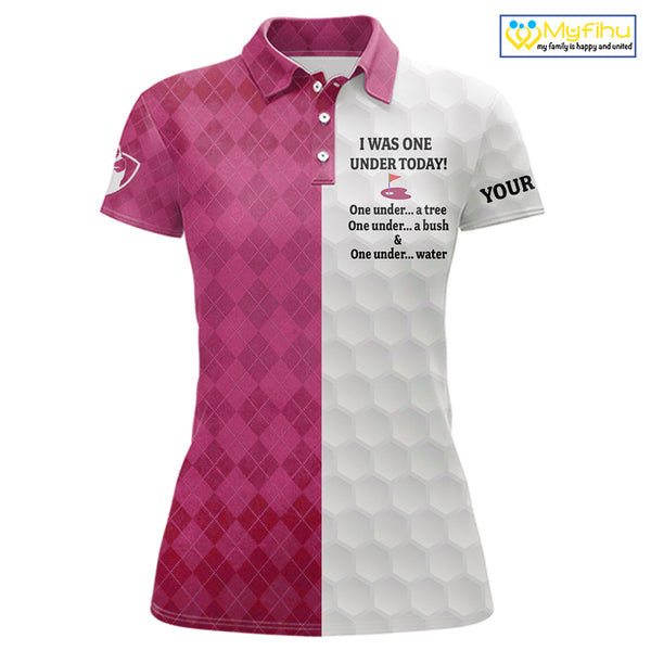 Pink argyle white Women golf polo shirt custom I was one under today one under a tree, a bush & water NQS10091