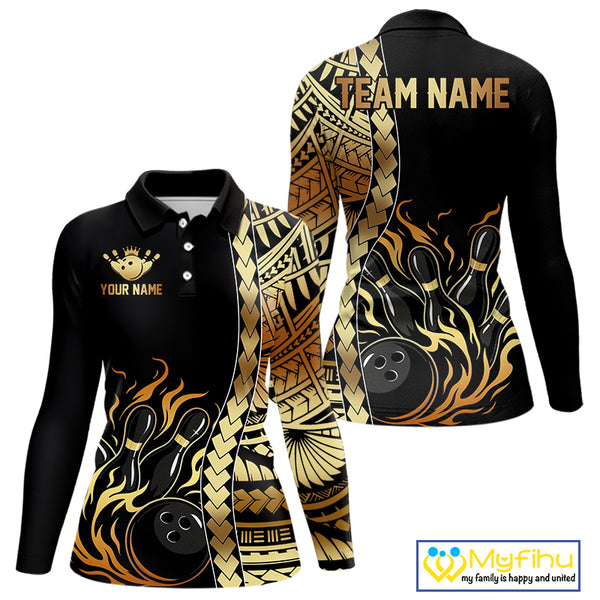 Custom Black And Gold Flame tribal pattern Bowling Team Polo, 1/4 Zip Shirt For Women, Bowling Jersey NQS10093