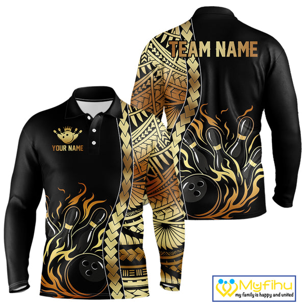 Custom Black And Gold Flame tribal pattern Bowling Team Polo, 1/4 Zip Shirts For Men, Bowling Jerseys NQS10093