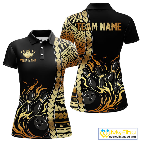 Custom Black And Gold Flame tribal pattern Bowling Team Polo, 1/4 Zip Shirt For Women, Bowling Jersey NQS10093
