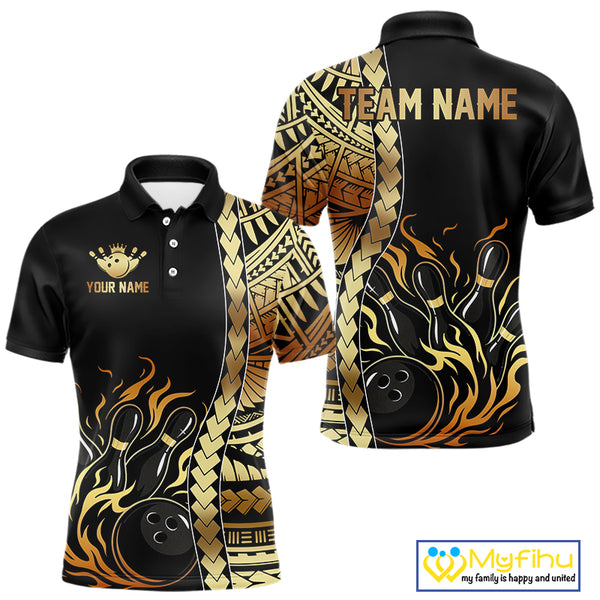 Custom Black And Gold Flame tribal pattern Bowling Team Polo, 1/4 Zip Shirts For Men, Bowling Jerseys NQS10093