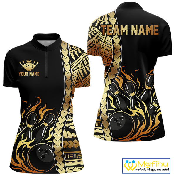 Custom Black And Gold Flame tribal pattern Bowling Team Polo, 1/4 Zip Shirt For Women, Bowling Jersey NQS10093