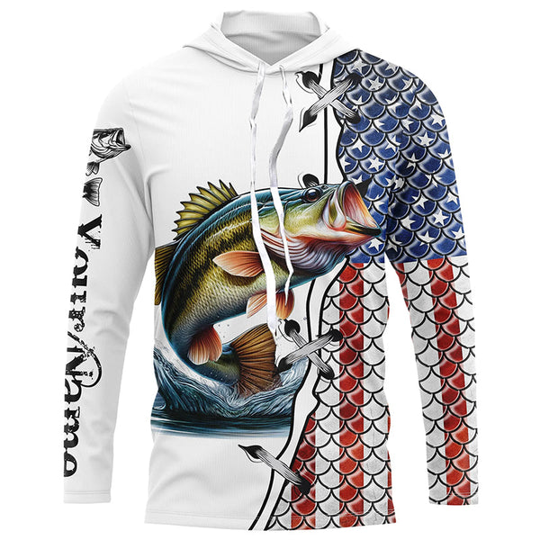 Largemouth Bass fishing American flag patriotic 4th July Custom name performance fishing shirts NQS2072