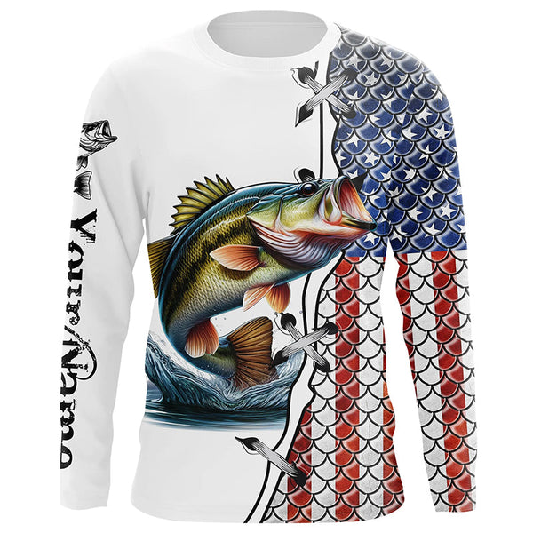 Largemouth Bass fishing American flag patriotic 4th July Custom name performance fishing shirts NQS2072