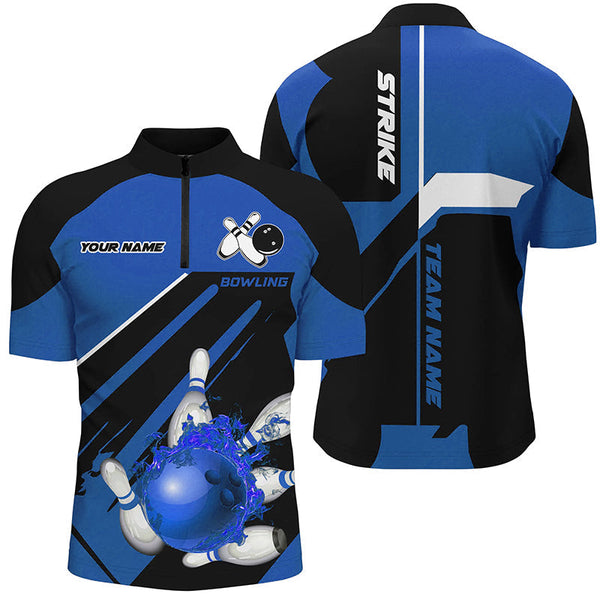 Black and blue Bowling polo, quarter zip shirt for men Custom Flame bowling ball pins uniform shirt NQS8672